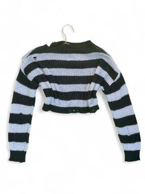 Y2K Black & White Distressed Striped Cropped Sweater – Grunge Goth Knit Top
